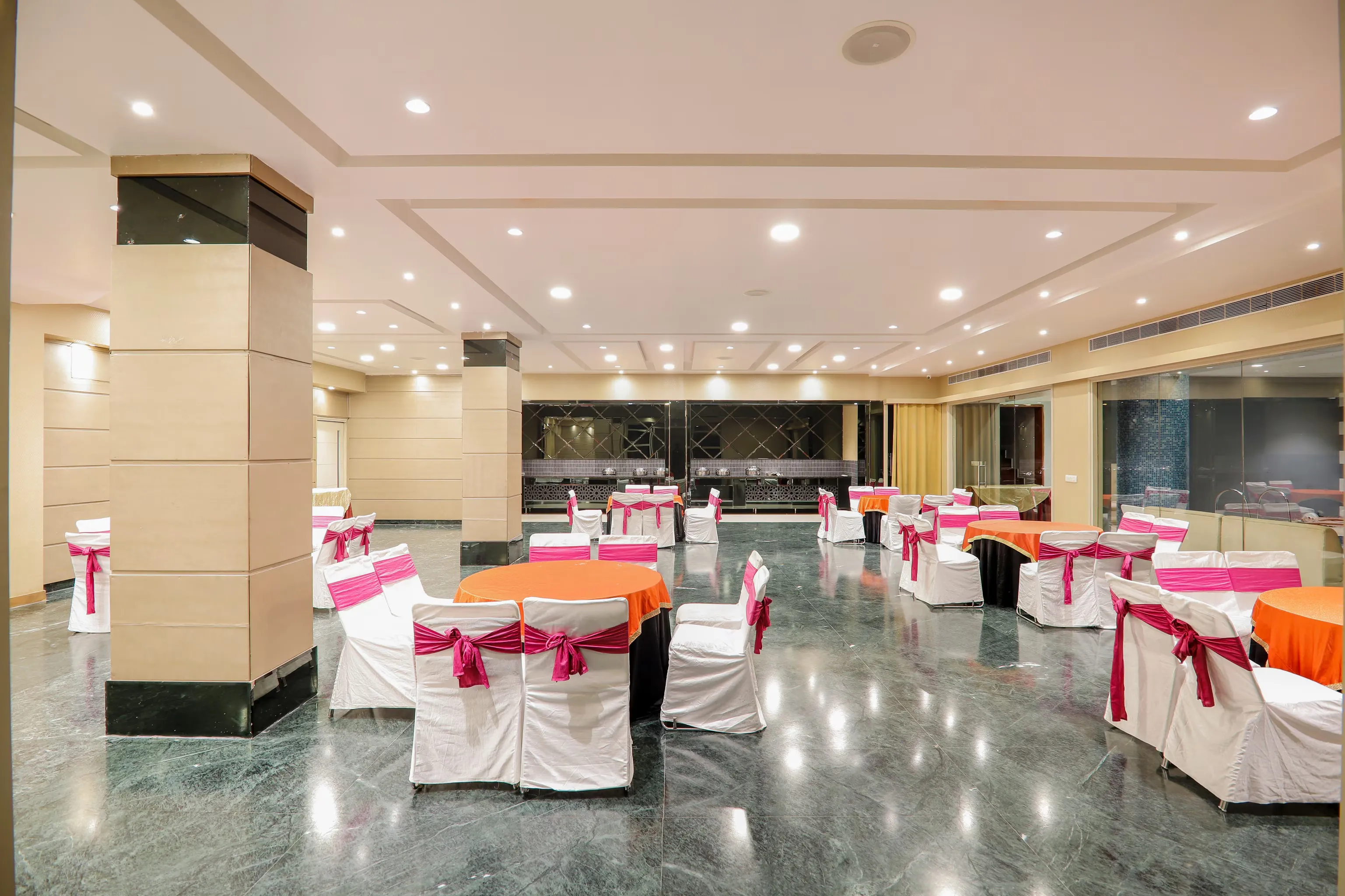 Olive banquet dining setup with elegant tables